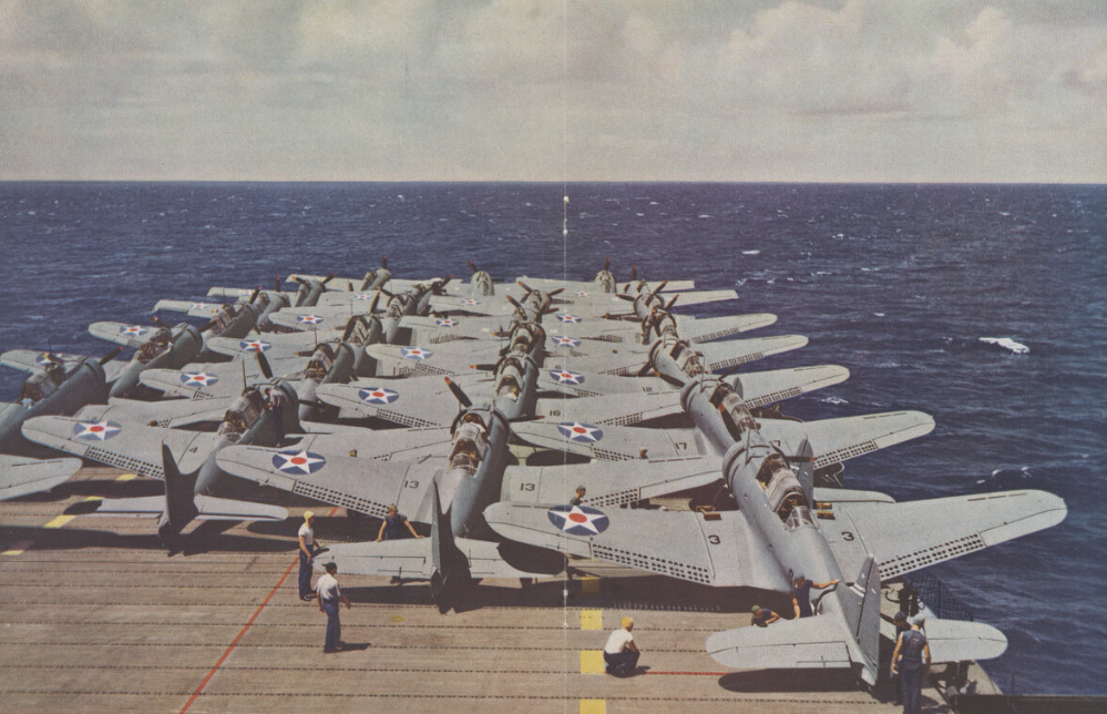 Dauntless' stacked up on front end of carrier deck